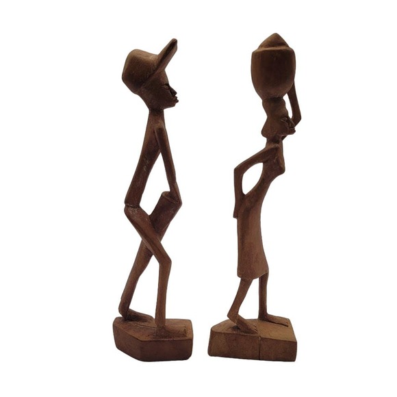 2 African Tribal Art Hand Carved Wood Figures Woman Pot on Head Man w/ Drum 12" - Picture 2 of 10